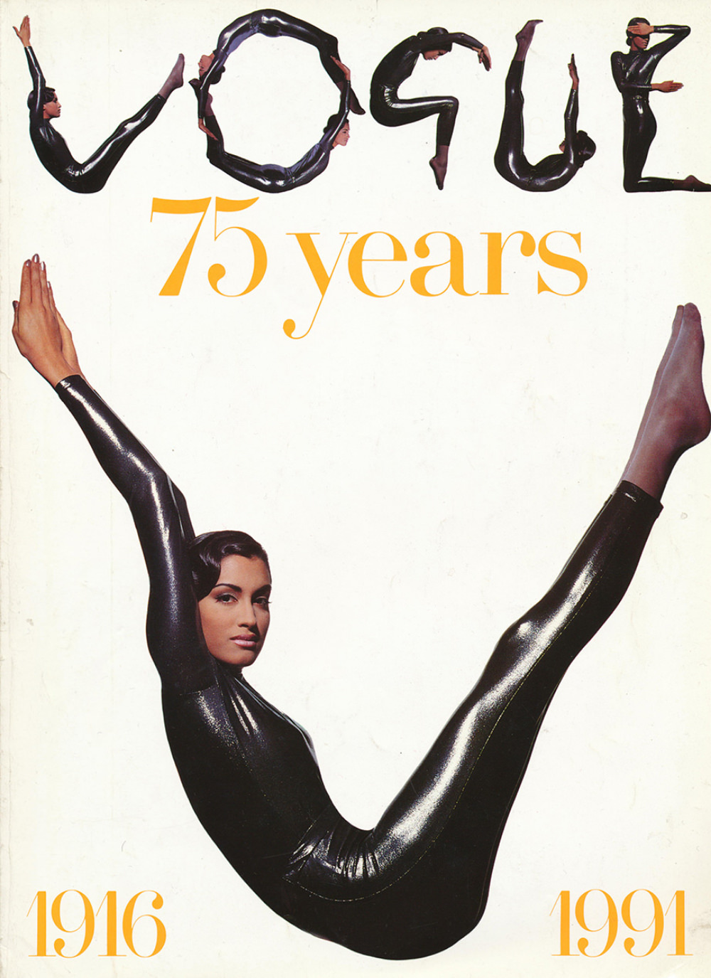 #4 Model Yasmeen Ghauri is dressed in a metallic bodysuit by Karl Lagerfeld. Photographed by Tyen for British Vogue’s Special Edition 75th Anniversary issue in June, 1991.