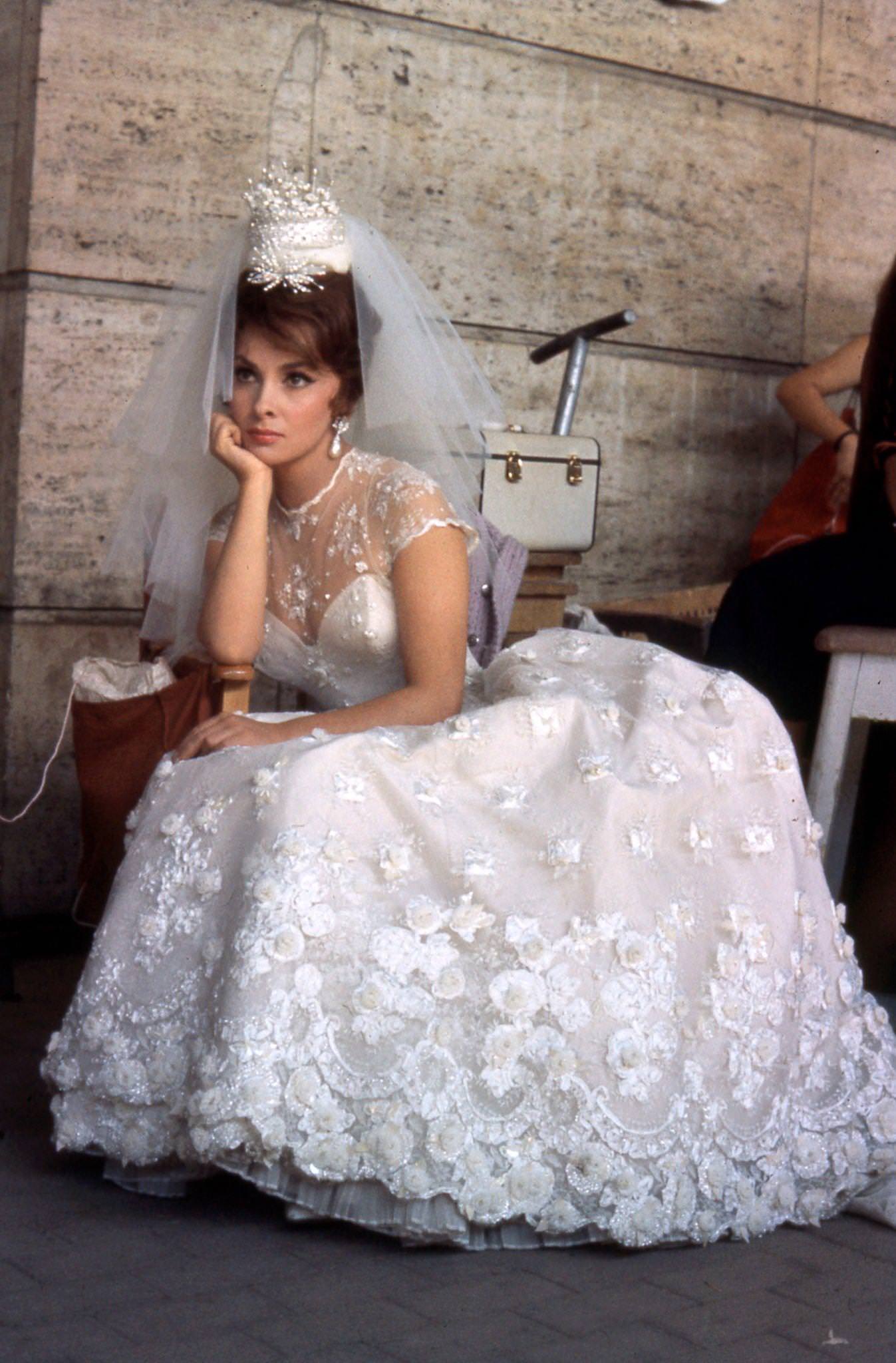 #105 Gina Lollobrigida as a bride for “Come September” in Rome, Italy, 1960.