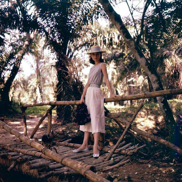#12 Audrey Hepburn and Mr. Famous on a wooden bridge in the Belgian Congo for “The Nun’s Story”, 1958