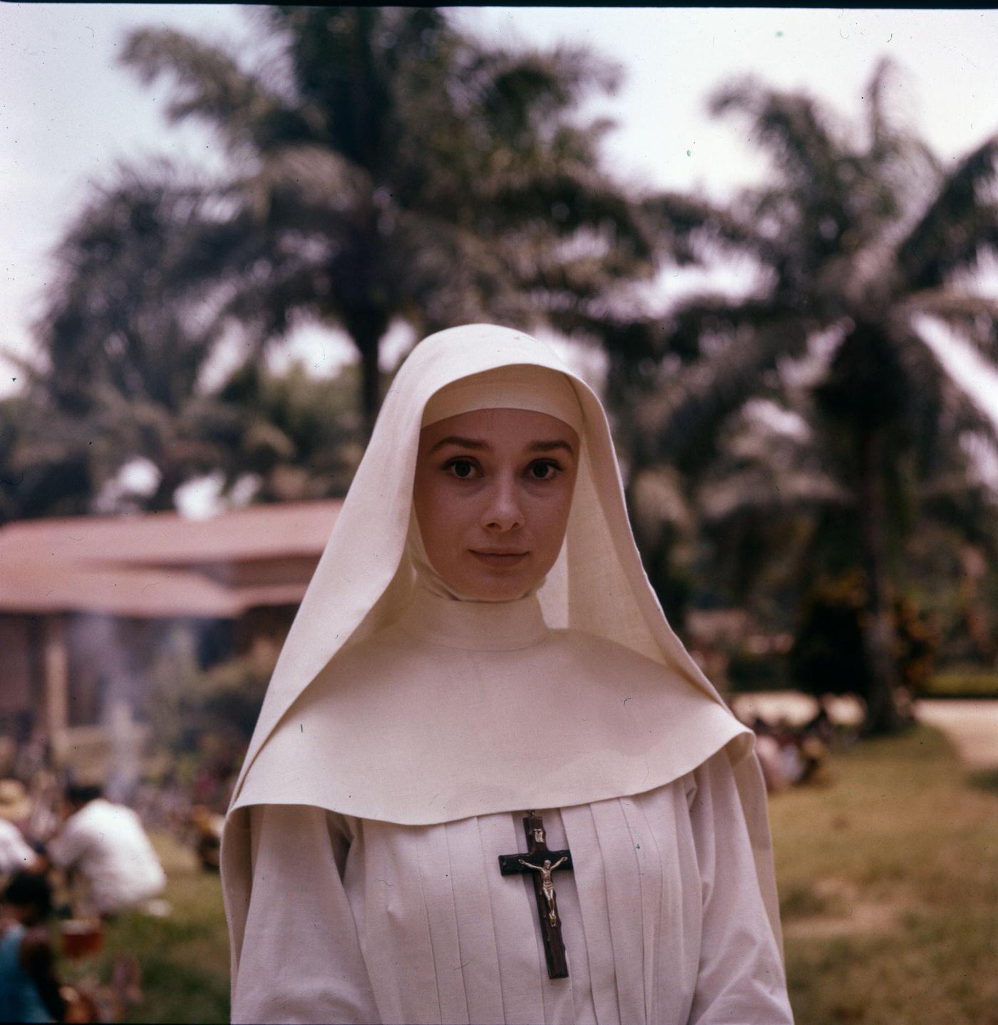 #77 Actress Audrey Hepburn on the set of “The Nun’s Story” in the Republic of Congo, 1958.