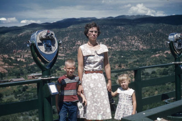 #26 Lady and Two Children Posing with Fixed Coin-Binoculars, Circa 1950s