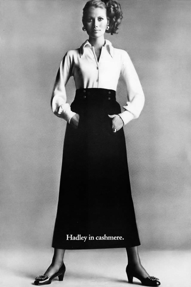 #16 Maud Adams in Cashmere Skirt and Shirt by Hadley, Harper’s Bazaar, September 1968