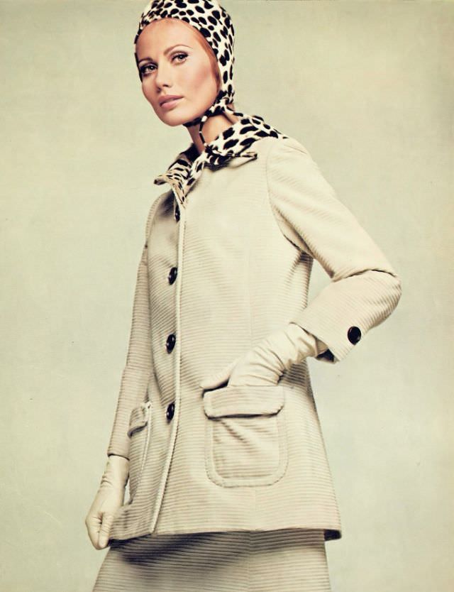 #2 Maud Adams in David Kidd’s Wide-Wale Cotton Corduroy Suit, Harper’s Bazaar, August 1967