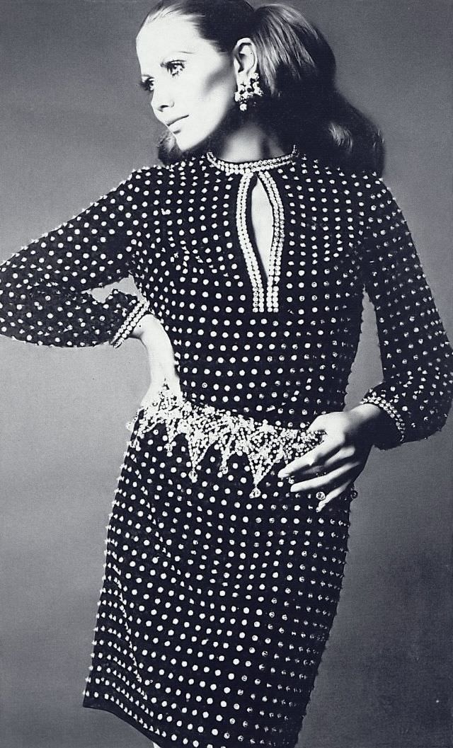 #23 Maud Adams in Black Crêpe Shirtdress Pavéed in Diamante by Lisa Meril, Chris von Wangenheim Photo, Harper’s Bazaar, October 1968