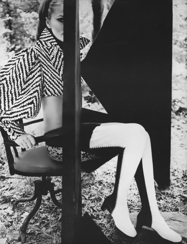 #24 Maud Adams in Du Pont Nylon Boots and Velveteen Shirt from Sibley-Coffee, Norman Parkinson Photo, Vogue, August 1968