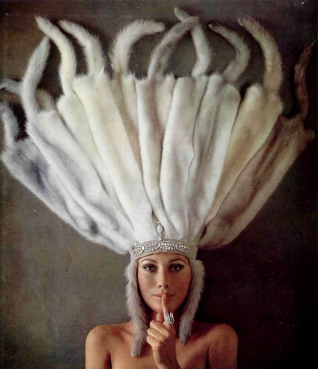 #31 Maud Adams in EMBA Mink Advertisement, Harry Winston Jewelry, Virginia Thoren Photo, 1969
