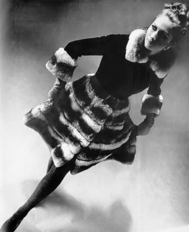 #4 Maud Adams in Black Silk Cotton Velvet Coat with Empress Chinchilla Accents by Emeric Partos, Harper’s Bazaar, December 1967