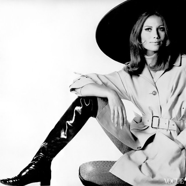 #7 Maud Adams in Mary Quant Mini-Trench and Over the Knee Boots by Golo, Irving Penn Photo, Vogue, August 1967