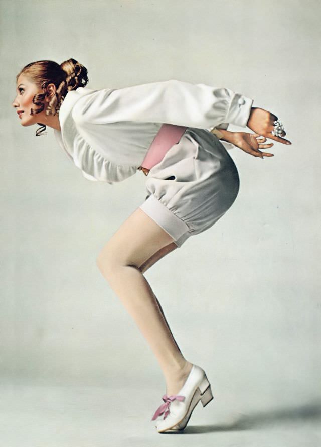 #8 Maud Adams in Pale Gray Crêpe Knickers and Ruffled Shirt by Mr. Mort, Harper’s Bazaar, December 1967