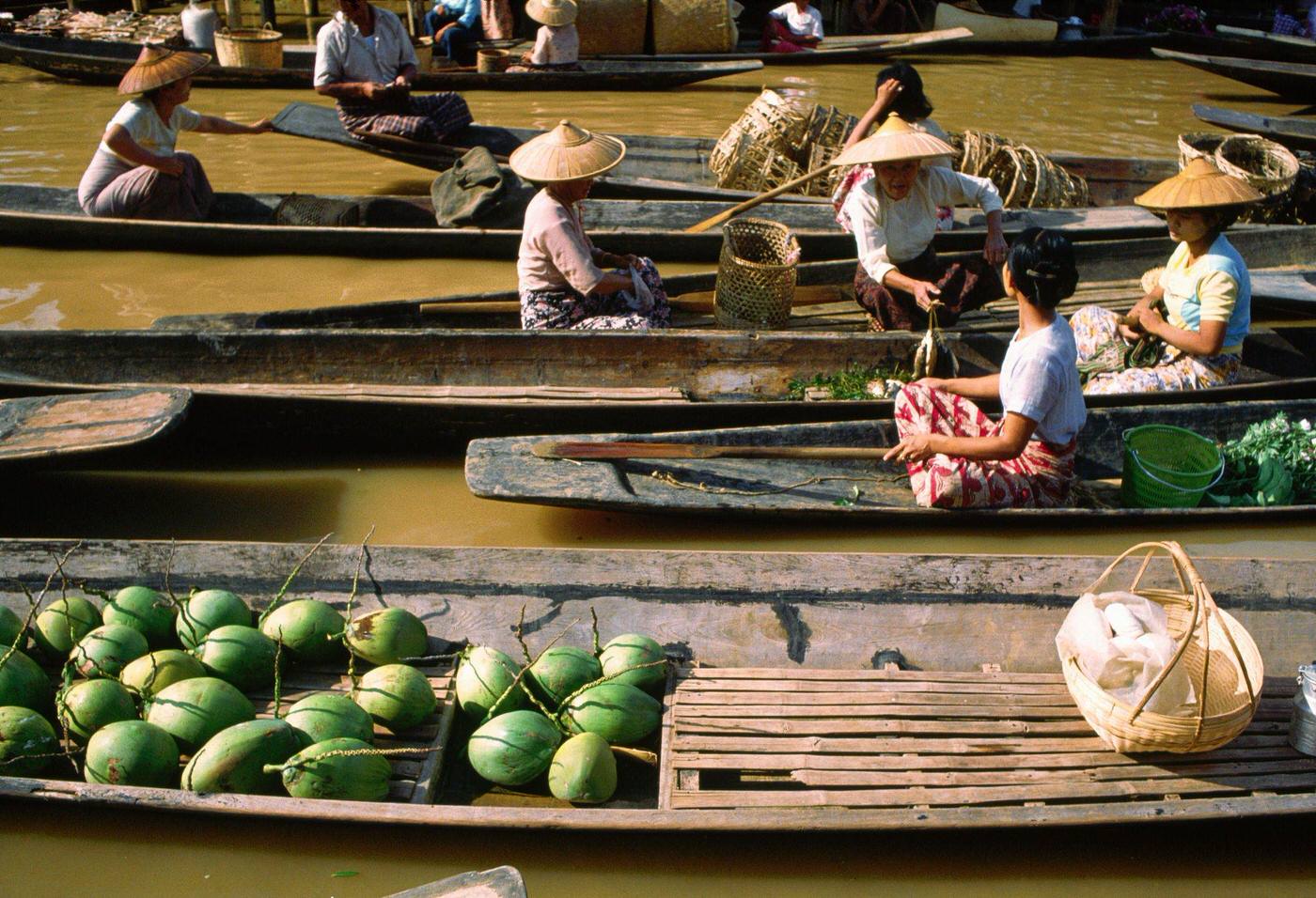 #44 Wooden Canoe-Like Boats Laden with Baskets at Lake Inle Floating Market, Burma