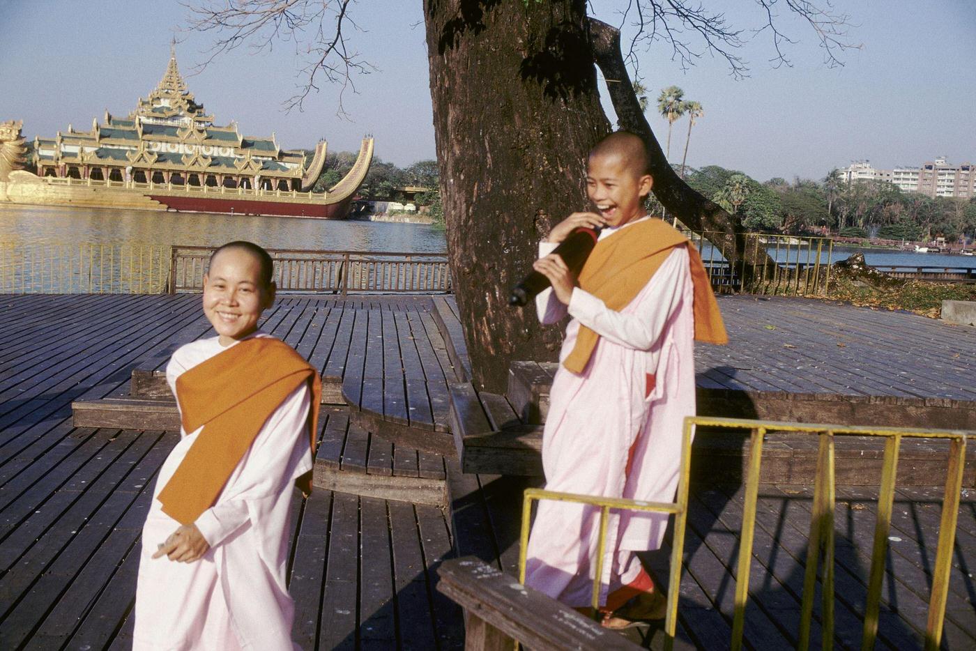 #58 Yangon, Myanmar – Two Young Buddhist Nuns Near Kandawgy Lake, 1980s