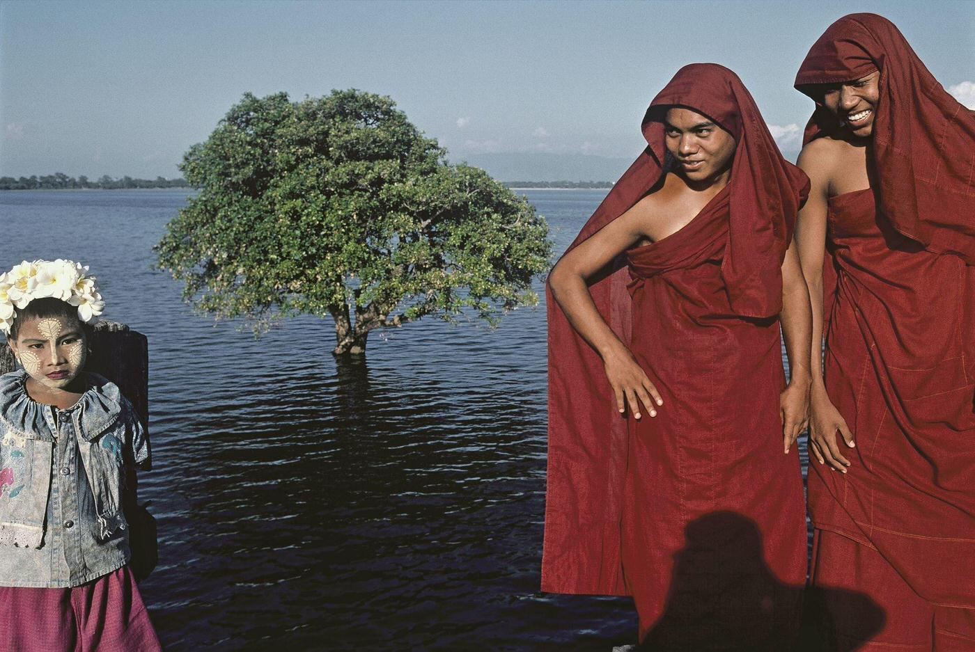 #9 Monks in Bagan, Myanmar – Two Monks and a Little Girl on U Bein’s Bridge, 1980s