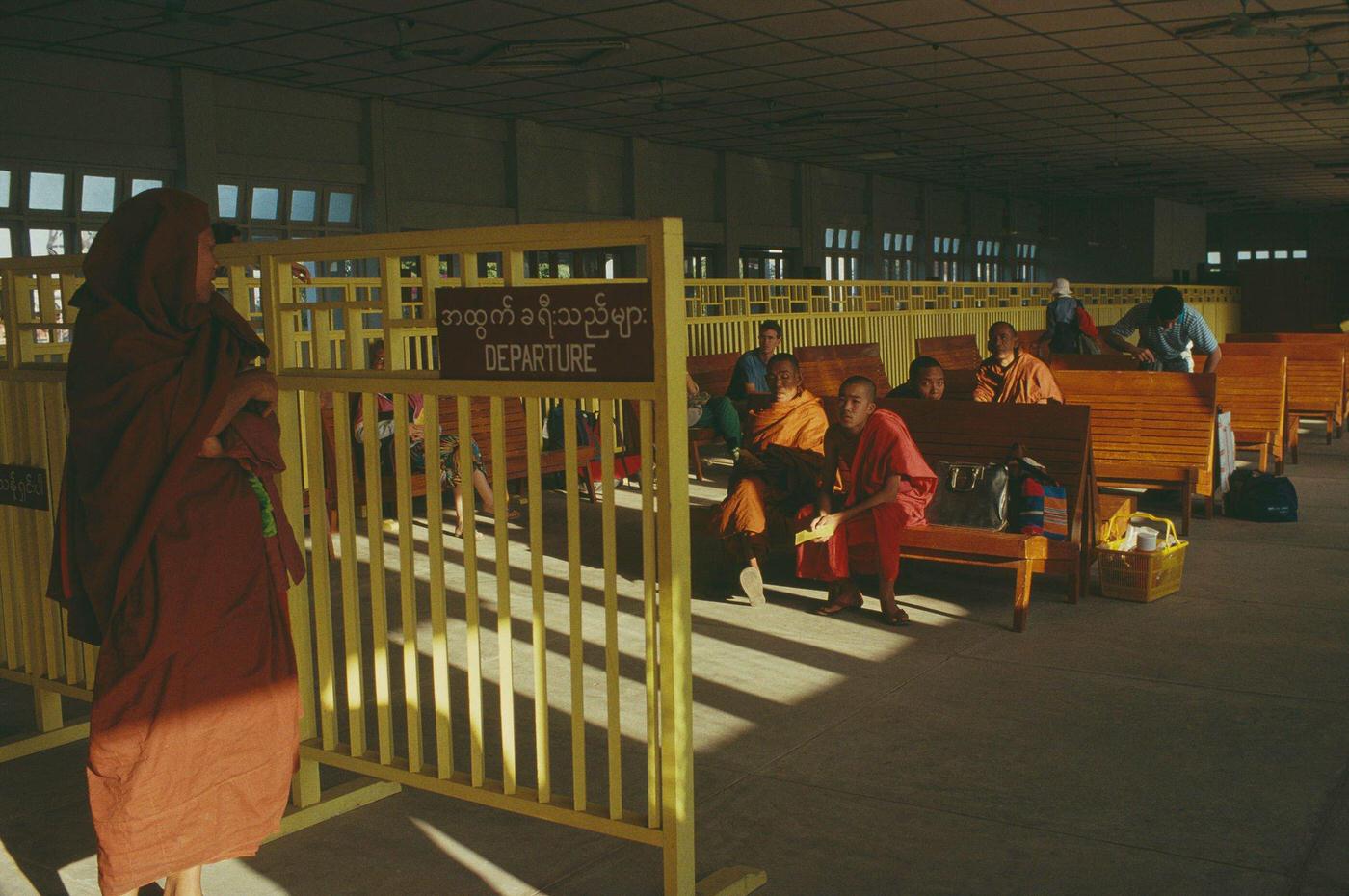 #64 Buddhist Monks in Departure Lounge of Nyaung U Airport Near Bagan, Burma, 1988