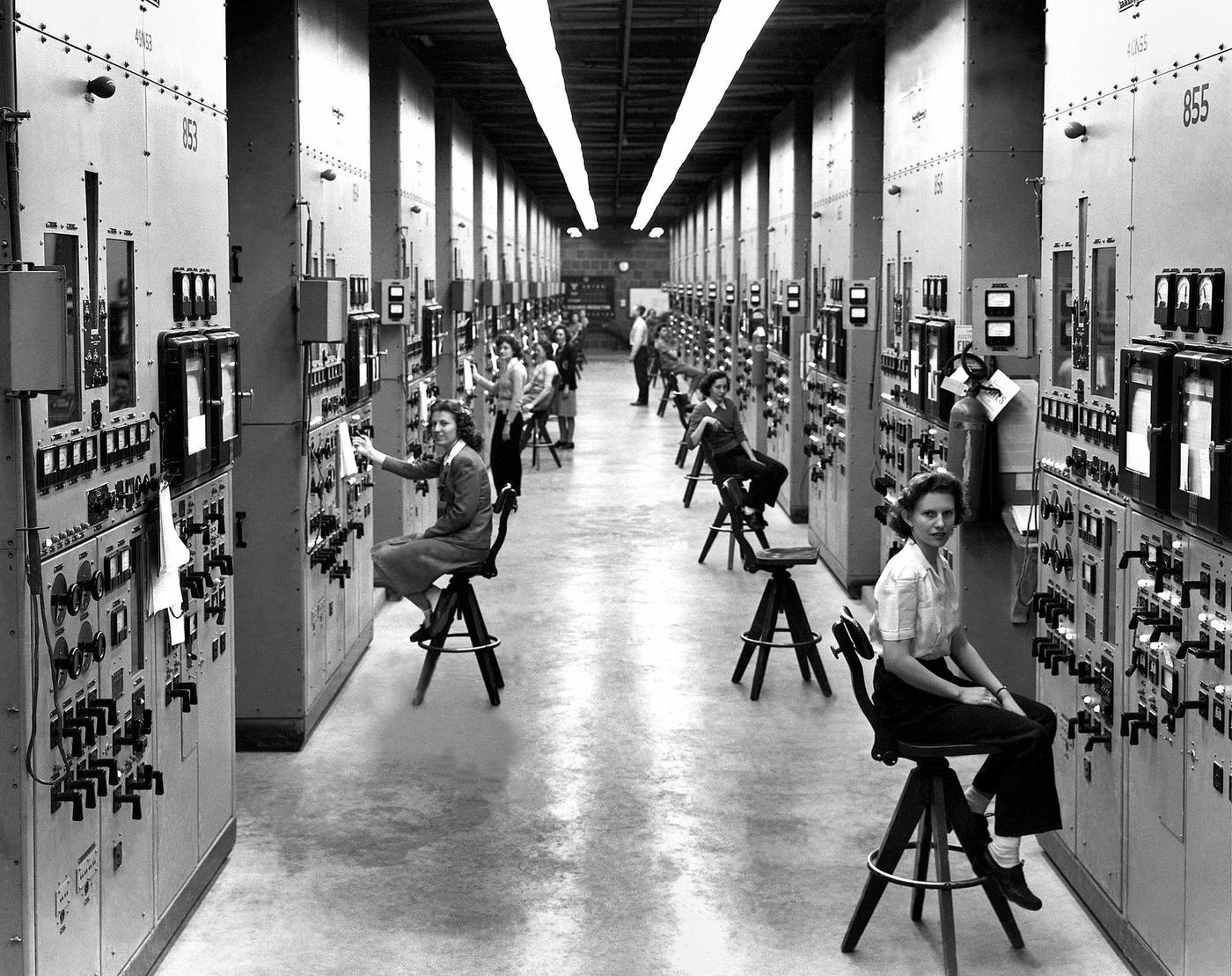 #22 Calutron Operators at Y-12 Plant, Oak Ridge. 1944. The calutrons refined uranium ore. Secrecy shrouded workers’ efforts. Tennessee.