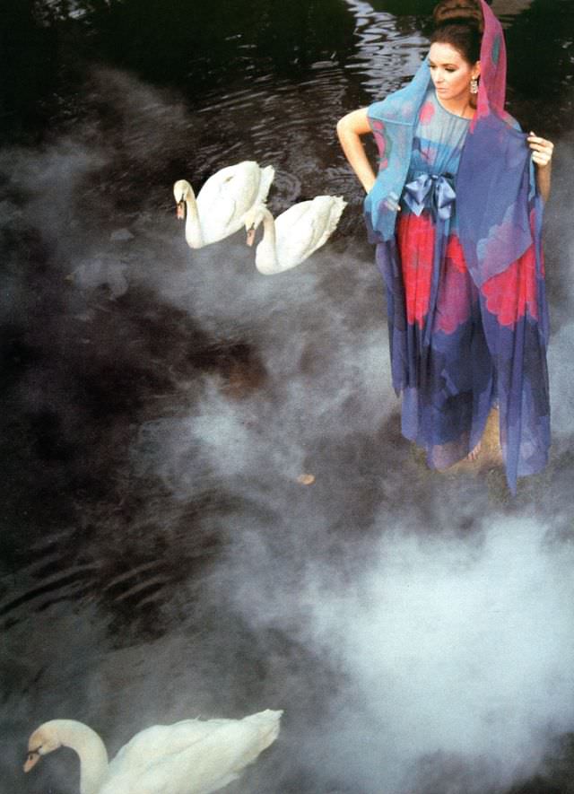 #3 Model in Colorful Chiffon Gown by Pauline Trigere, Fort Lauderdale, 1960