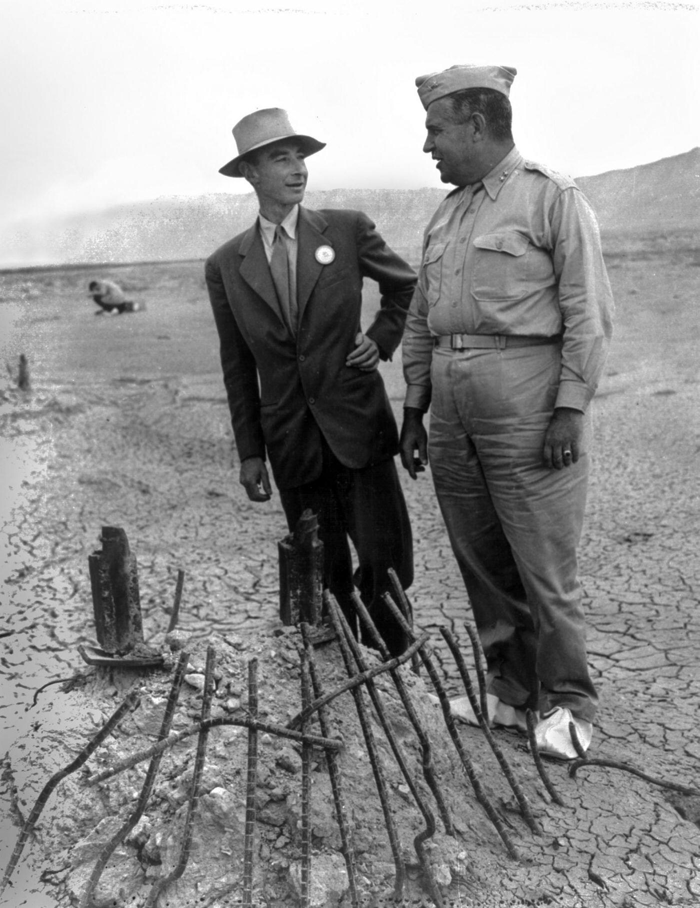 #36 Robert Oppenheimer and General Groves at the atomic bomb, Trinity Test site, 1945