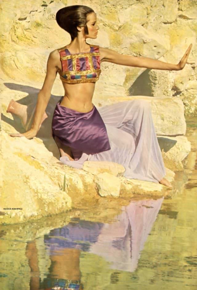 #13 Veruschka wears her design of a gilt-plaited ribbon bodice, Vogue, 1967