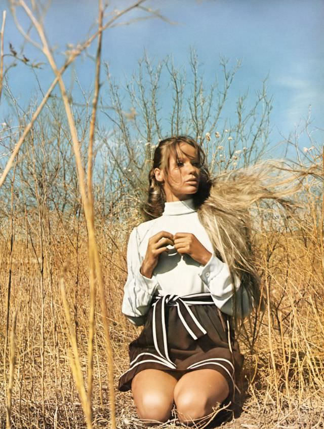 #27 Veruschka in a white turtleneck and a brown dirndl skirt, Fort Davis, Texas, Vogue, 1968