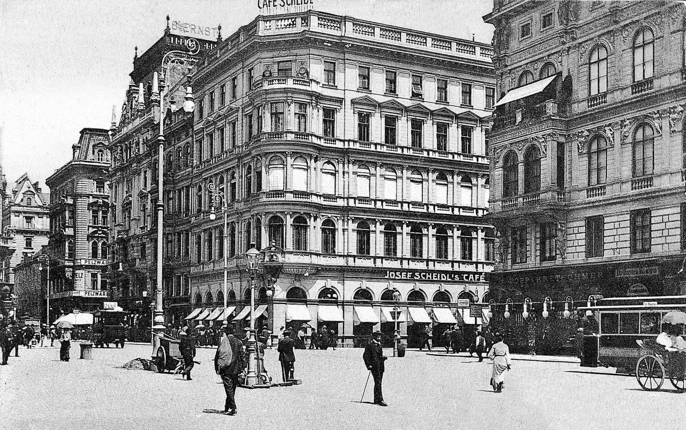 #86 Cafe Scheidl, Cafe Scheidl (Vienna I, corner of Kaerntner Strasse/Walfischgasse) next to the opera house was Herzl’s regular cafe since he was a student. Cafe Scheidl was alongside Cafe Griensteidl, Cafe Central and Cafe Museum very popular with all important writers, journalists and artists, 1905