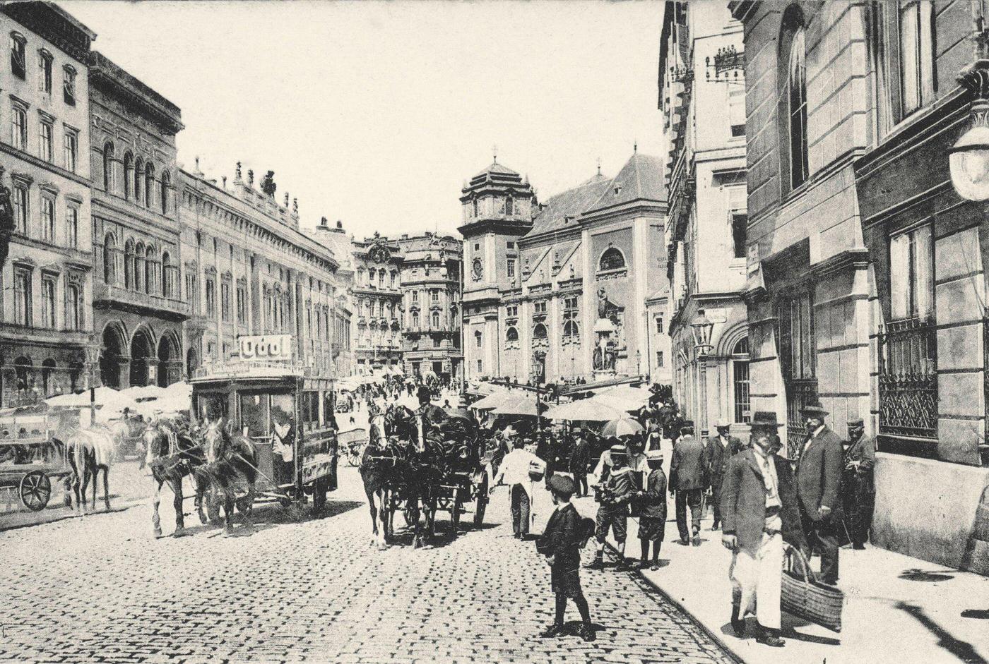#89 Freyung in Vienna, Inner City, Schottenstift (Scottis Abbey) in the background, Vienna, Austria, 1905