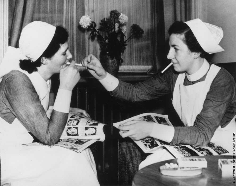 #11 Nurses at the Salford Royal Hospital take advantage of the newly-opened smoking facilities, providing a smoke room for off duty staff, 1938