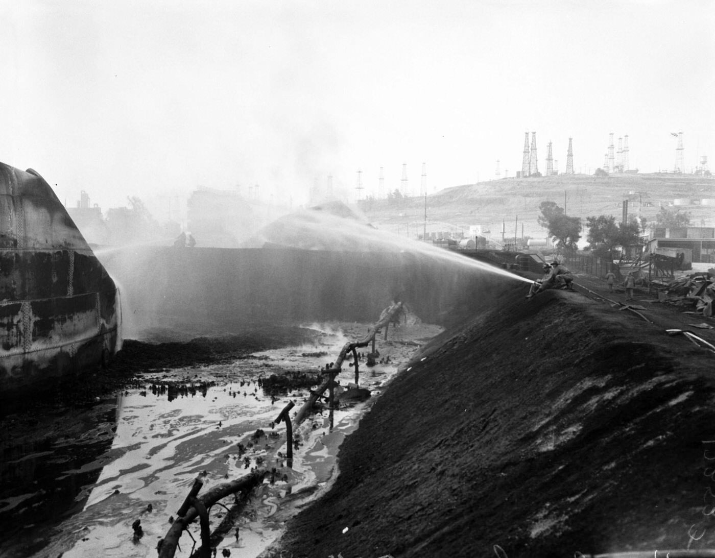 #13 Hancock Oil Fire Clean-Up with Damaged Cars in Foreground, 1958