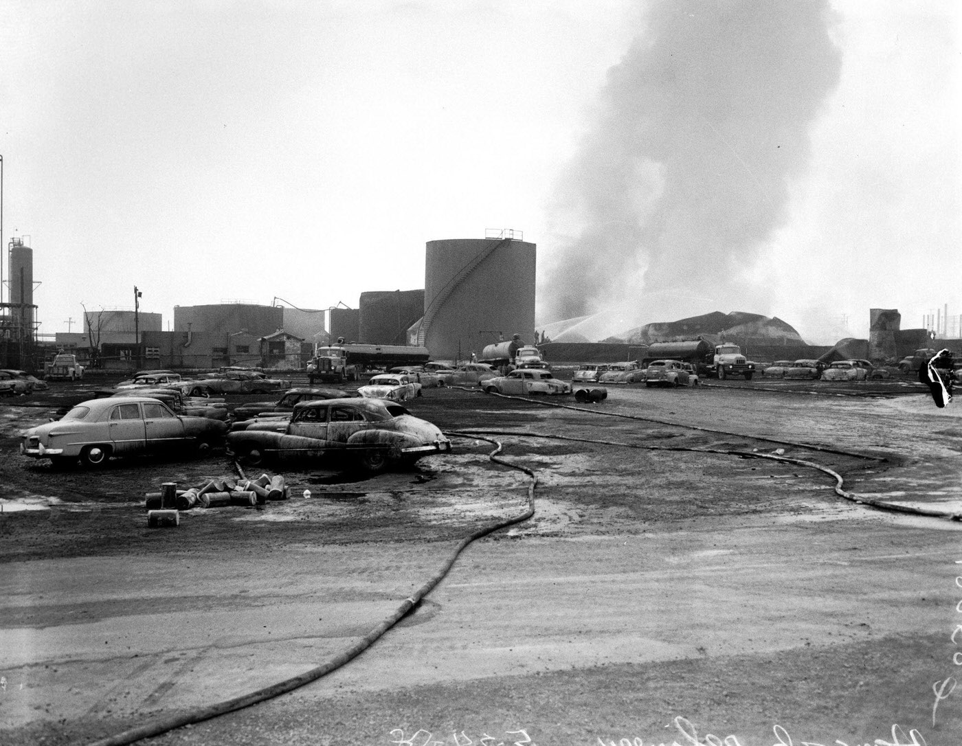 #16 Hancock Oil Fire Clean-Up, Foamite and Water Sprays in Action, 1958