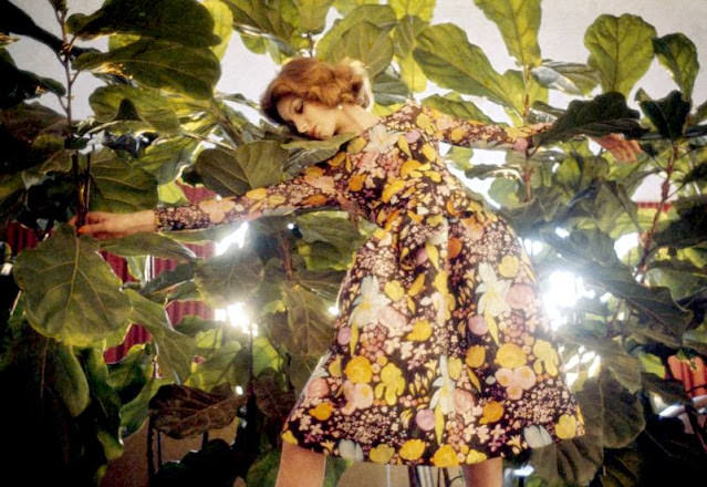 #13 Model in Floral Printed Silk Dress by James Galanos, 1962