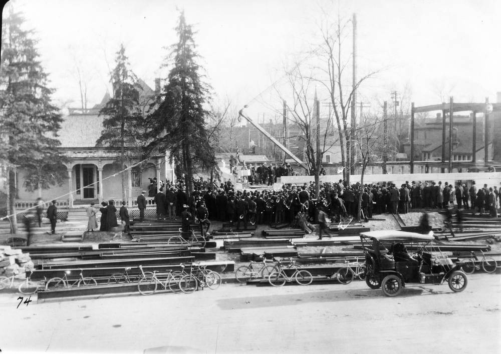 #106 Rabbi Friedman makes invocation at cornerstone ceremony for Denver Public Library, crowd visible, 1900s