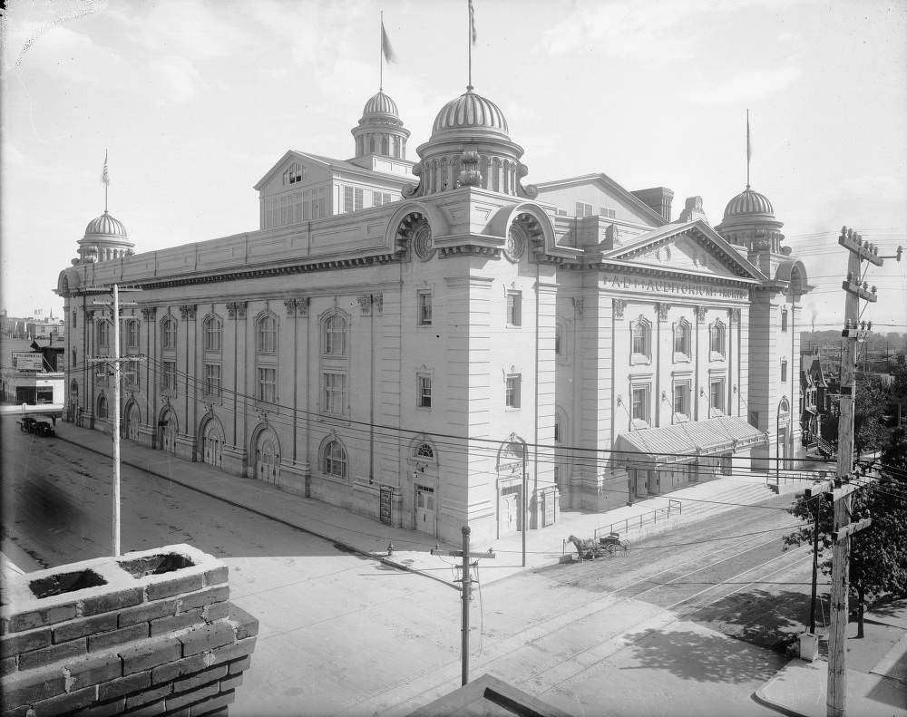 #113 Exterior View of Denver Municipal Auditorium, Neoclassical Features and Horse-Drawn Carriage, 1900s