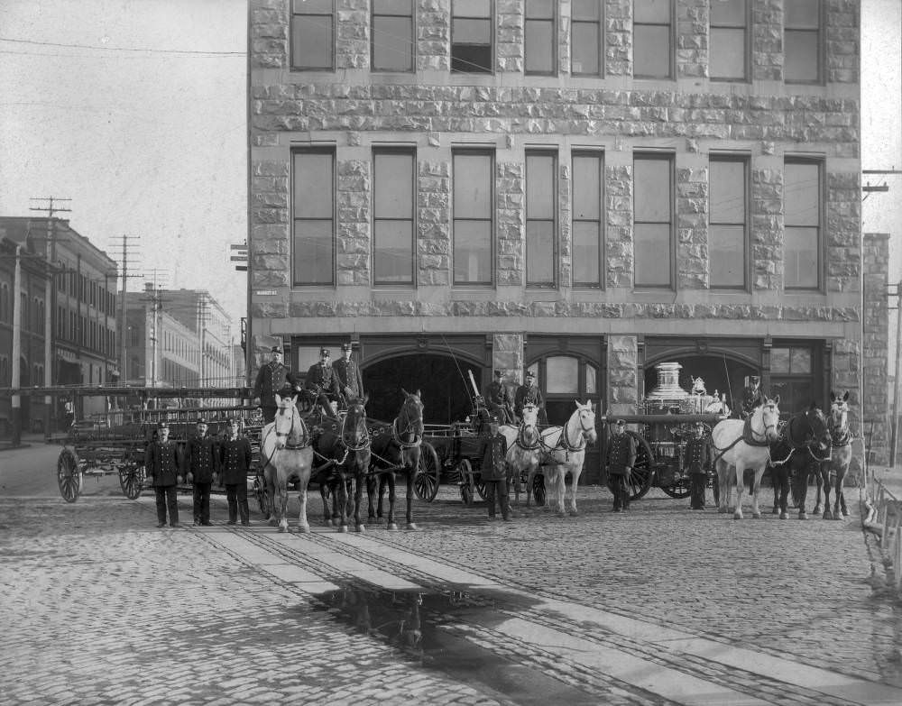 #116 Firemen Posing in Front of Denver Fire Department Headquarters at City Hall, 1900s