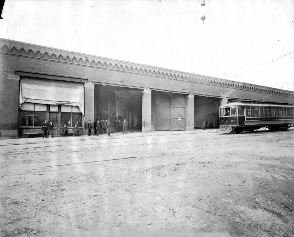 #152 DTC garage on 30th Avenue featuring trolley number 63, 1905.