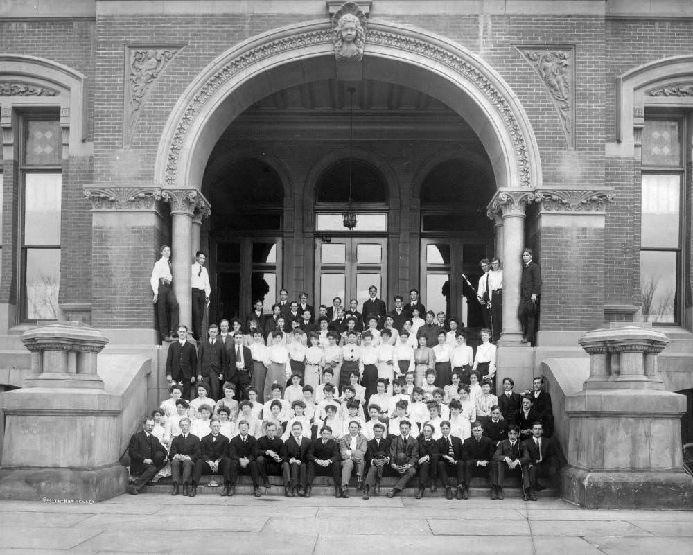 #158 East Denver High School students outside the building, 1900s