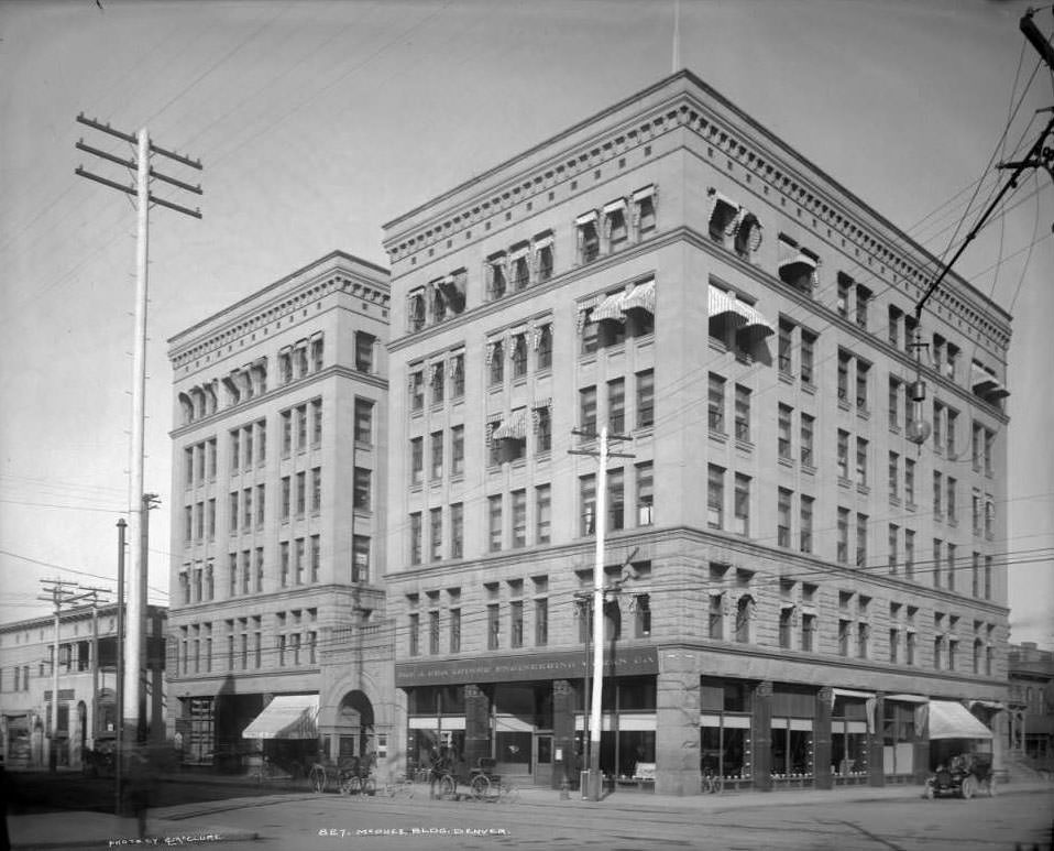 #159 McPhee Building on 17th and Glenarm, featuring early automobiles, 1906.