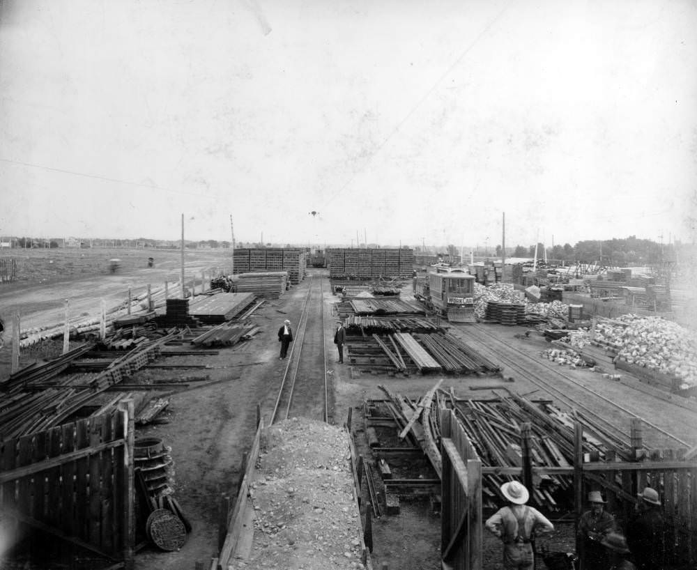 #160 Denver Tramway Company supply yard with lumber and steel tracks, 1900s