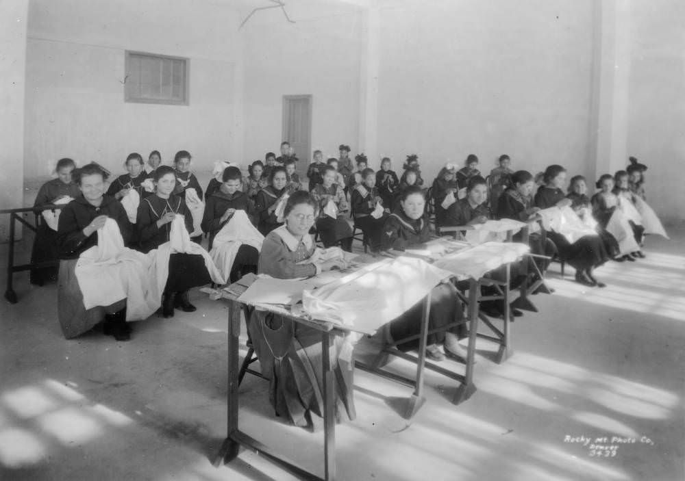 #30 Girls sewing in a classroom at the Denver Orphans’ Home on Albion Street, 1900s
