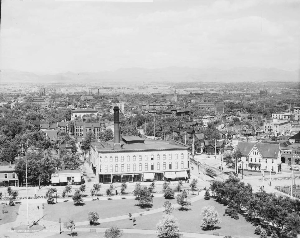 #41 Panoramic View of Denver from the Capitol Building, showcasing landmarks like Denver Fire Department Engine House No. 1 and St. Elizabeth Church, 1907