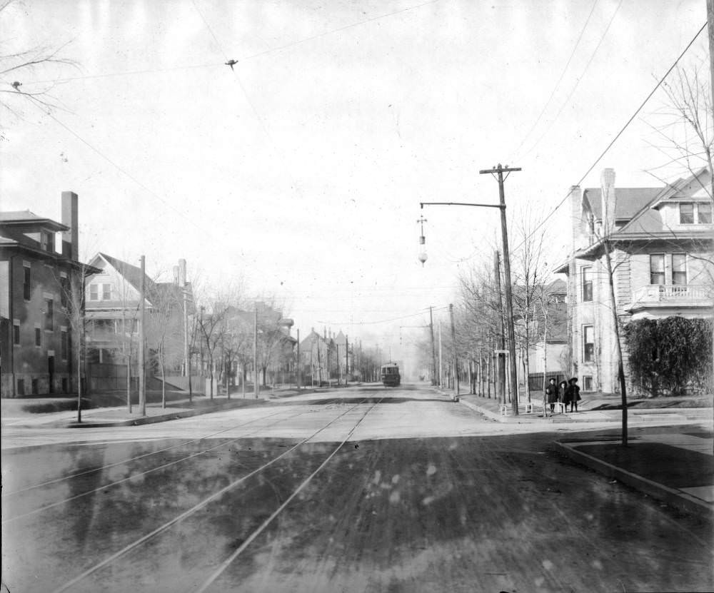 #61 Trolley number 200 on 17th Avenue and Emerson Street, featuring young girls on the corner, 1905.