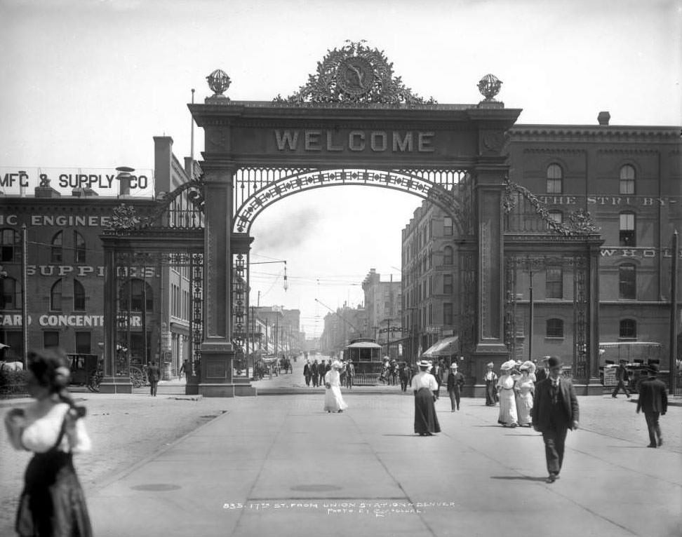 #1 View of 17th Street from Union Station, featuring Welcome Arch and Hendrie-Bolthoff building, 1906