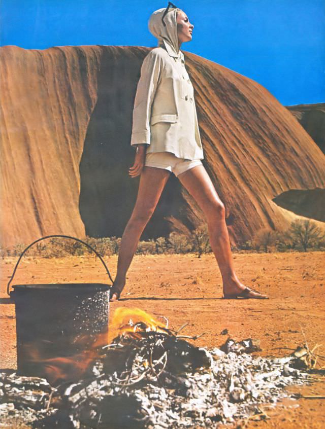 #12 Camilla Sparv in a coat and shorts set at Ayers Rock, Australia, May 1964