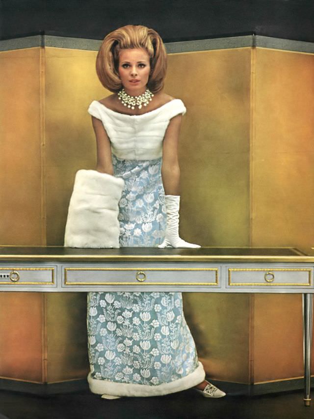 #15 Camilla Sparv in a blue and white brocade dress by Leslie Morris, 1964
