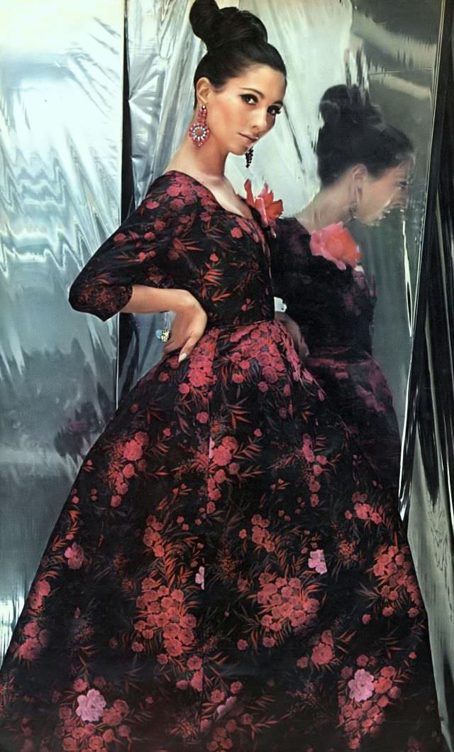 #20 Astrid Schiller in a cerise brocade dress by Sophie of Saks Fifth Avenue, October 1965