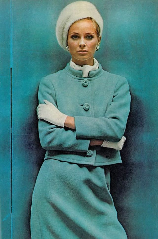 #25 Camilla Sparv in a pale blue wool suit by Seymour Fox, 1965