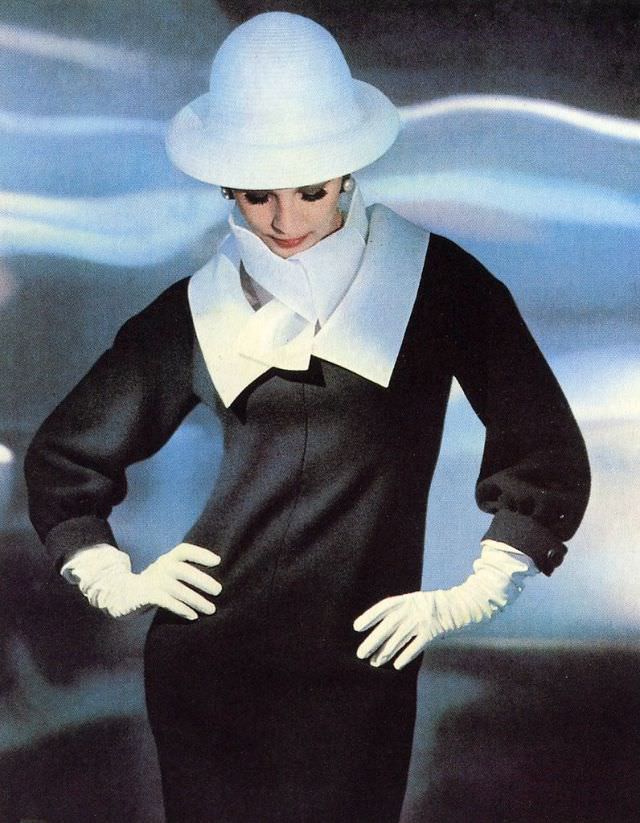 #8 Model in marine blue wool afternoon dress by Yves Saint Laurent, Spring/Summer 1963