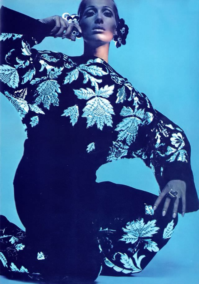 #12 Isa Stoppi in Black Velvet Jumper-Pajamas with Silver Oriental Flowers by Sarmi, 1967
