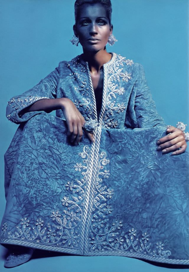 #14 Isa Stoppi in Powder-Blue Velvet Caftan Traced with Silver Flowers by George Halley, 1967