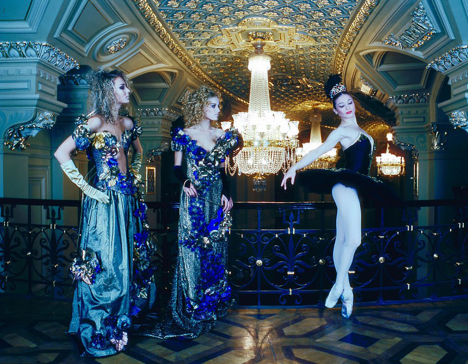 #23 Ballet and Fashion in Kyiv Opera Theatre: Two women in gowns by Roksolana Bogutska pose with stylist Tatiana Tatarenko, 1999.