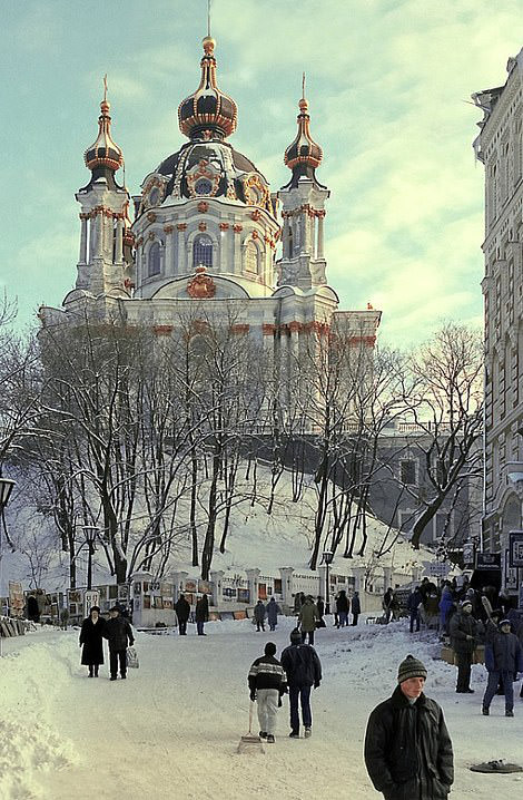 #4 St. Andrew’s Church: Sits atop a snowy hill as locals dress warmly, 1998.
