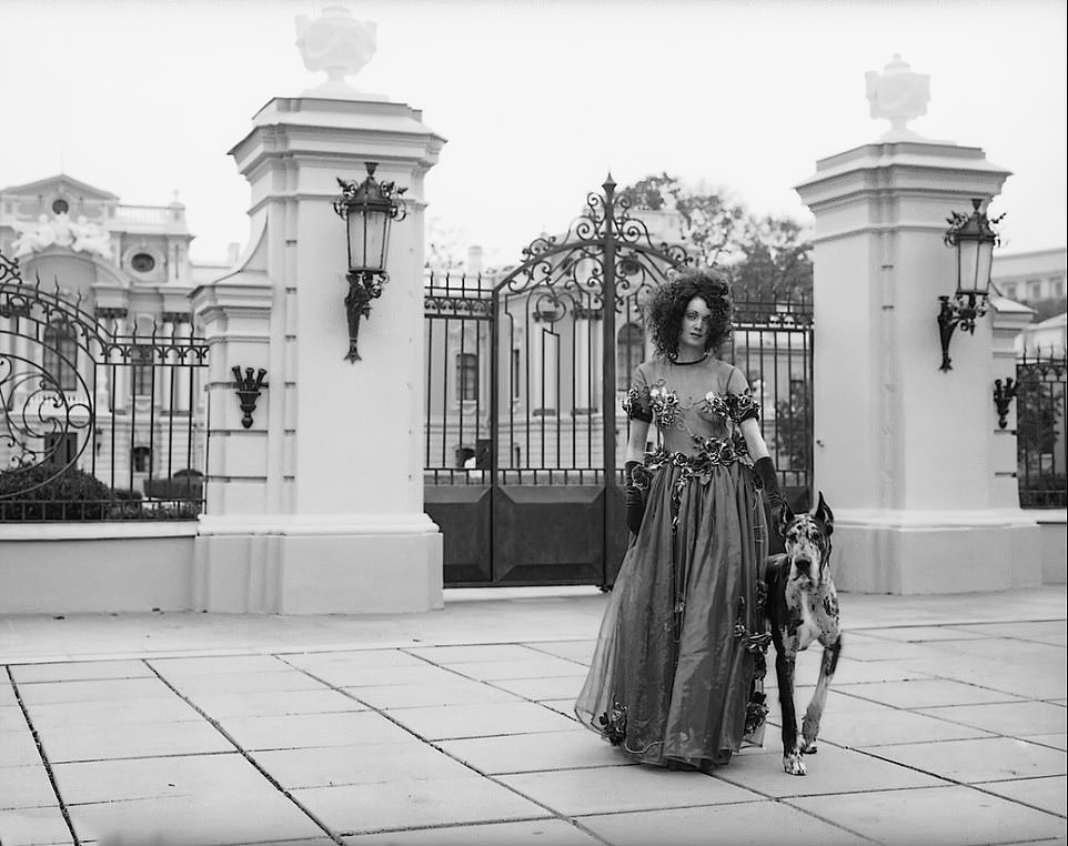 #50 Mariinskyi Palace: Woman and dog pose in front of the historic palace, 1998.