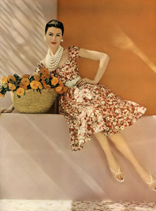 #38 Isabella Albonico in a floral print silk surah dress by Jane Derby, 1959.
